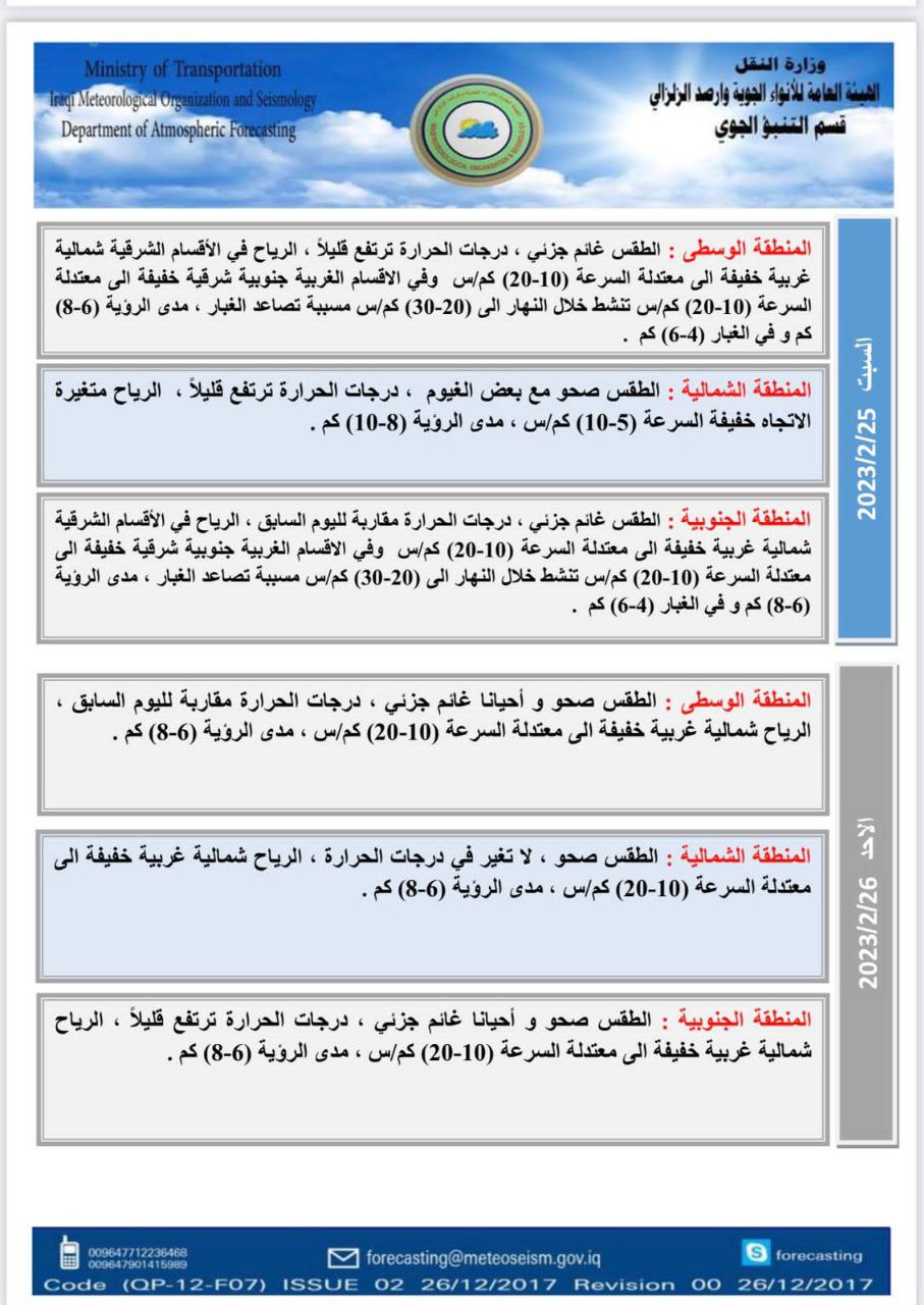 حالة الطقس في العراق للأيام المقبلة